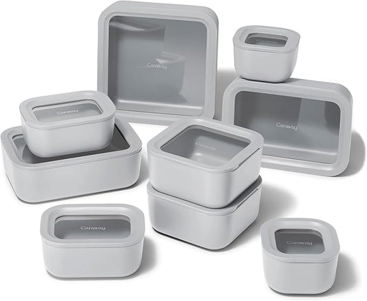 Caraway 22pc Glass Food Storage Set - Storage Containers for Food - Non-Toxic Ceramic-Coated Glass - Air Release Technology - Compact & Stackable Design - Gray