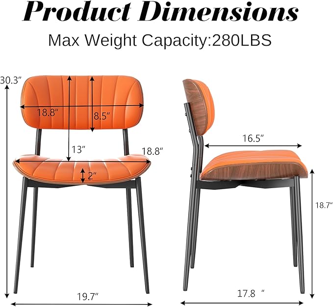 Modern PU Leather Dining Room Chairs Set of 6, Upholstered Kitchen Chairs with Walnut Bentwood Back and Metal Legs Adjustable Feet for Kitchen Dining Room(Orange)