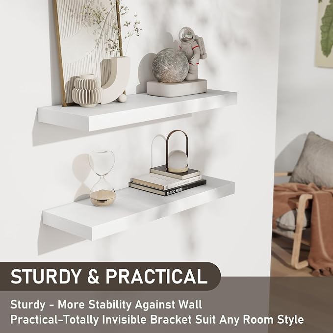 Fun Memories White Floating Shelves for Wall Set of 2, 28" White Floating Shelves for Home Decor, Rustic Wood Wall Mounted Shelf, Hanging Deep Shelf for Living Room, Bedroom, Bathroom, Kitchen