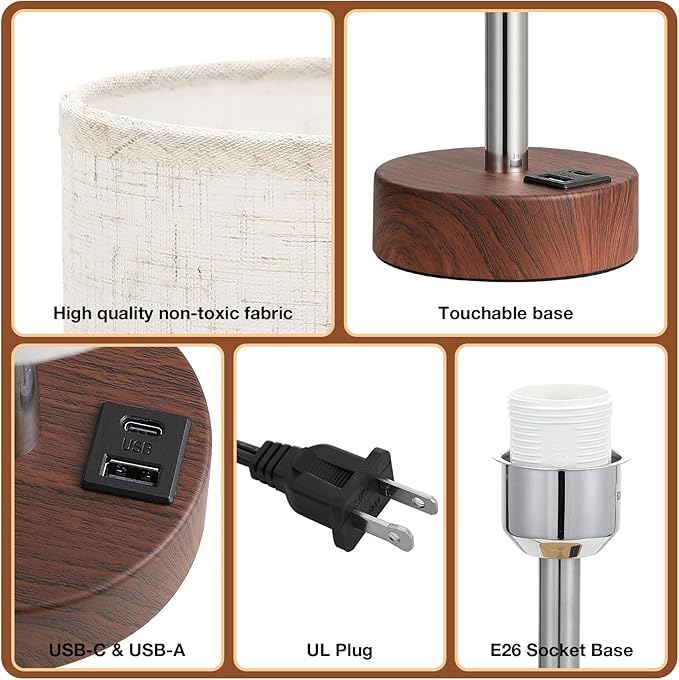 Dicoool Touch Bedside Table Lamp with USB - 3 Way Dimmable Redwood Lamps for Bedroom Nightstand, Desk Lamp with Charging Station for Dorm, Living Room, Office, Kids Room, Nursery