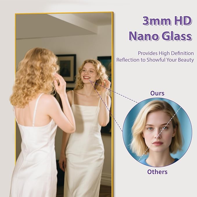 Full Length Mirror, 76"x34" Oversized Floor Mirror Freestanding, Full Body Mirror Floor Standing Mirrors with Stand, Hanging Mounted Mirrors for Bedroom Living Room, Gold, Rect Style