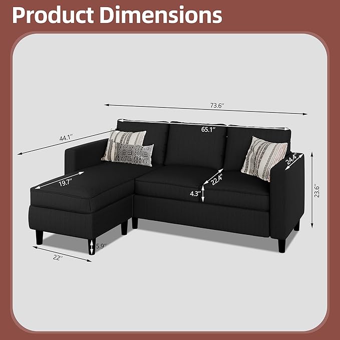 Nuturelly Convertible Sectional Sofa Couch with Movable Ottoman, 3-Seater Modern L-Shaped Sofa for Small Spaces, Soft Fabric Couch for Living Room, Small Apartment & Office(Black)