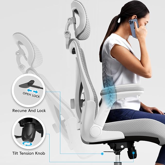Ergonomic Office Chair-Computer X-Shaped Chair Mesh PU Leather with Adjustable Lumbar Support-Executive Desk Chair High Back with Headrest Flip-Up Arms for Long Hours (White-Grey)