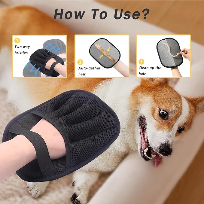AUBELL Pet Hair Removal Glove for Dogs & Cats,2025 Upgrade Five-Finger Electrostatic Magic Brush,Animal Fur Removal Tool,Reusable Efficient Pet Hair Remover for Couch,Carpet,Clothes（2Pcs,Black）