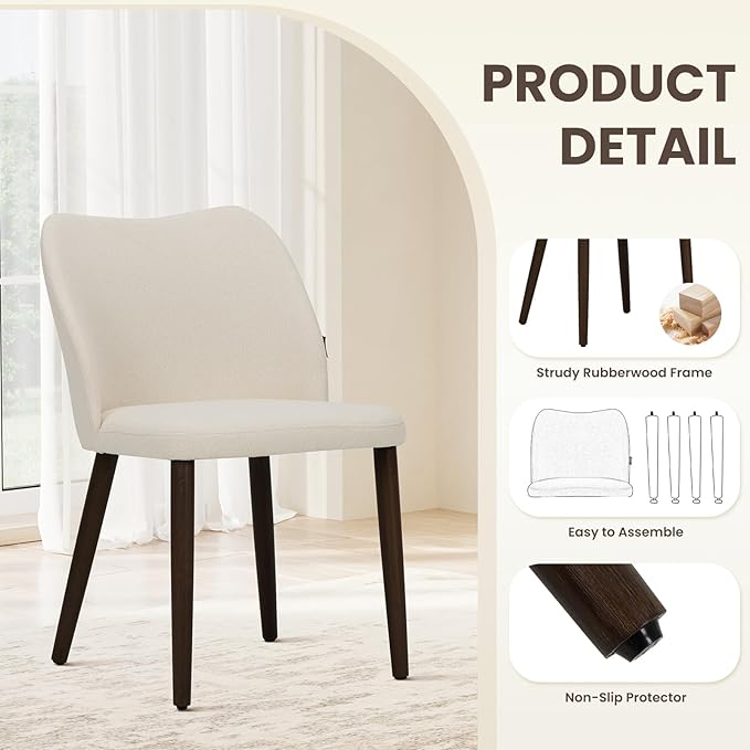 Wooden Dining Chairs Set of 2, Upholstered Kitchen Dining Room Chair, Modern Fabric Farmhouse Dinner Chair for Restaurant & Cafe, Beige