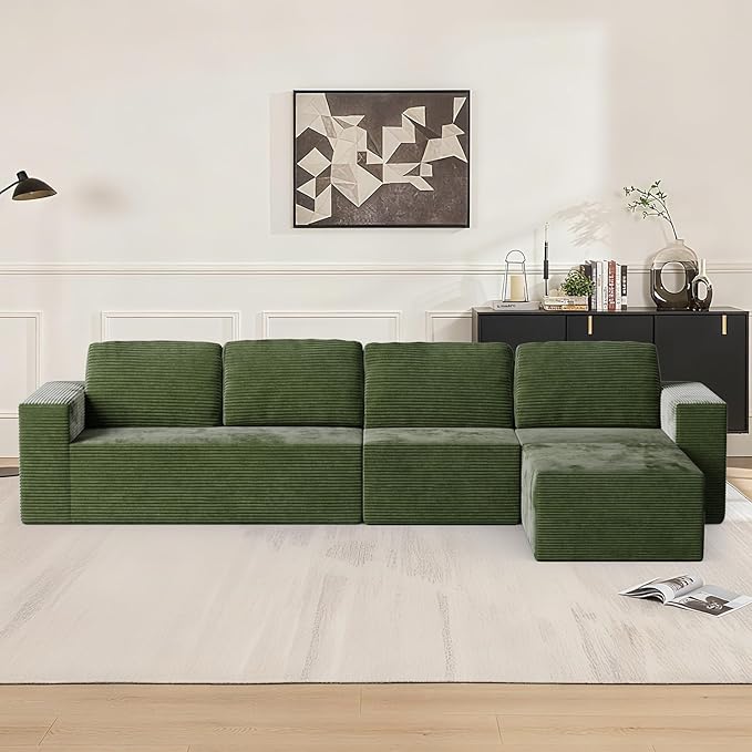 136" Modular Sectional Sofa with L-Shape Chaise, Right/Left Facing Deep Seat Cloud Couch, No Assembly Required, Upholstered Couch for Living Room Bedroom (Green, Plush Corduroy Fabric)