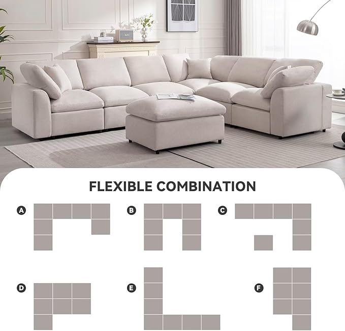 Cloud Couch Modular Sectional Sofa Modern Oversized Couches with Ottoman 7 Seater L-Shaped Sofas Comfy Couches for Living Room Spacious Space Apartment Lounge, Cream