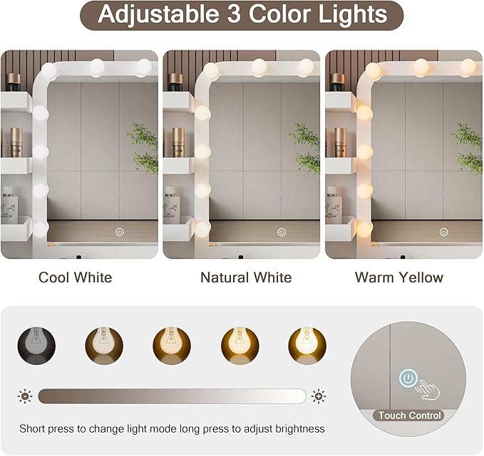 Makeup Vanity with Mirror and LED Lights, Vanity Desk Table with 9 Drawers, 6 Storage Shelves with Protect Panel, Power Outlet and 3 Color Modes Available for Bedroom Dressing Room, White