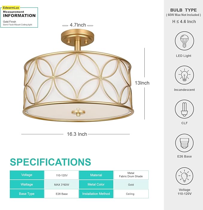 3-Light Semi Flush Mount Ceiling Light, 16" Drum Light with Fabric Shade, Modern Close to Ceiling Lamp for Living Room Bedroom Dining Room Kitchen Hallway Entry Foyer (Gold)