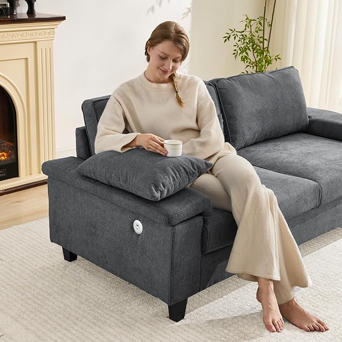 3 Seater Couch for Living Room, 79'' Comfy Deep Seat Sofa with Adjustable Armrests & USB/Type-C Charging Ports, Mid Century Modern Couch for Bedroom, Home Office,Gray