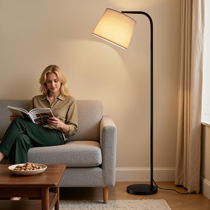 Ambimall Remote-Controlled Floor Lamp - Color Temperature Adjustable and Fully Dimmable, Standing Lamp for Living Room with Rotating Head, Tall Lamp for Bedroom, 9W Bulb Included (Black and Beige)