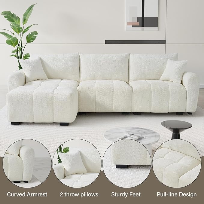 110" L Shaped Modern Boucle Sofa Modular Sectional Cloud Couch with Ottoman, Tufted 4-Seat Deep Seat Sofa with Pillows for Living Room, Bedroom and Apartment, Beige White