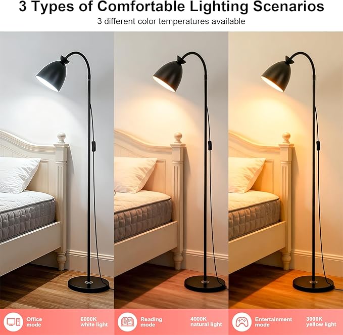 Bright Modern Black Floor Lamp for Living Room Corners Bedroom Bedside Kids room dorm Classroom,Tall Standing Reading Warm Light, 9W LED tri Color Dimming, Goose Neck Adjustment, Cheap Work Desk Lamp