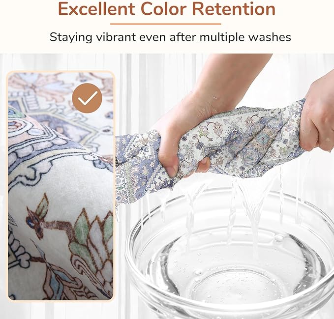 OPPODREAM Thin Area Rugs 9x12 Living Room, Washable Rugs 9x12 with Non Slip Backing, Faux Cashmere Low-Pile 9 x 12 Carpet, Purple & Green & Cream