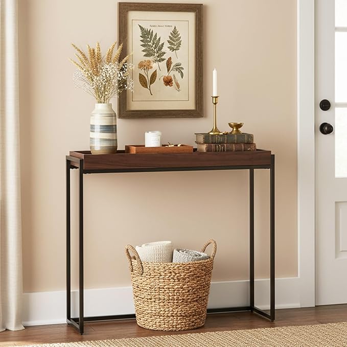 Narrow Console Table Solid Wood, Slim Entryway Table with Storage Groove, Farmhouse Small Sofa Table Behind Couch for Hallway, Living Room, Foyer(Brown 9.8" W,35.4" Lx31.5 H)