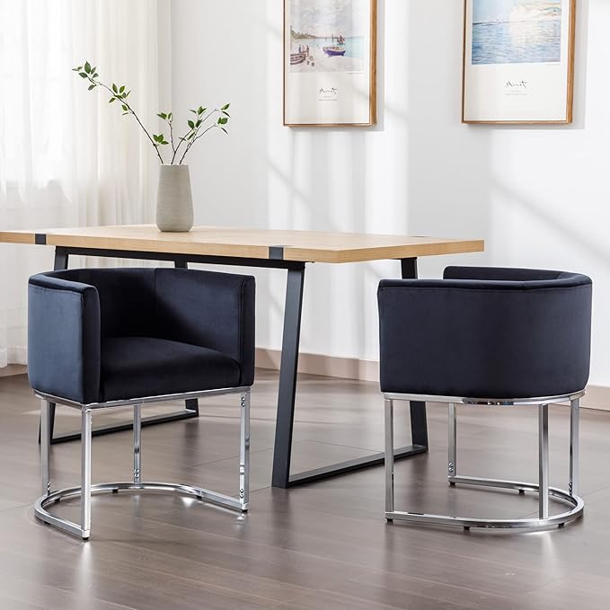 Velvet Dining Chairs Set of 3 Modern Barrel Arm Chairs with Chrome Metal Frame, Upholstered Kitchen Chairs 18.5" Wide Accent Chairs for Living Room Dining Room Restaurant, Black