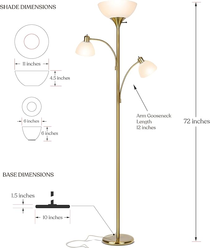 Brightech Sky Dome Double LED Floor lamp, Torchiere Super Bright Floor Lamp with 2 Reading Lamps for Living Rooms & Offices - Dimmable Tall Standing Lamp for Bedroom Reading - Tall Brass Pole
