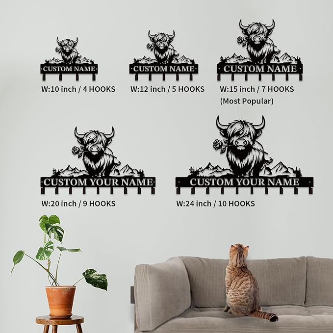 Personalized Highland Cow Metal Keys Hooks,Custom Name Metal Highland Cow Keys Hooks,Black Metal Highland Cow Wall Home Storage Decorative Keys Hooks,Key Holder Hooks for Wall (Style D)