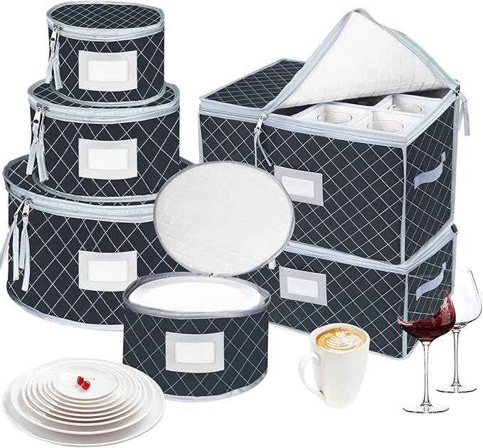 VERONLY China Dinnerware Storage Containers Set- Dish,Mug,Stemware Storage Cases - Quilted Box Bins Stackable with Divider,handles,Clear Window for Cups,Plates,Wine Glasses Moving Set of 6 (Grey