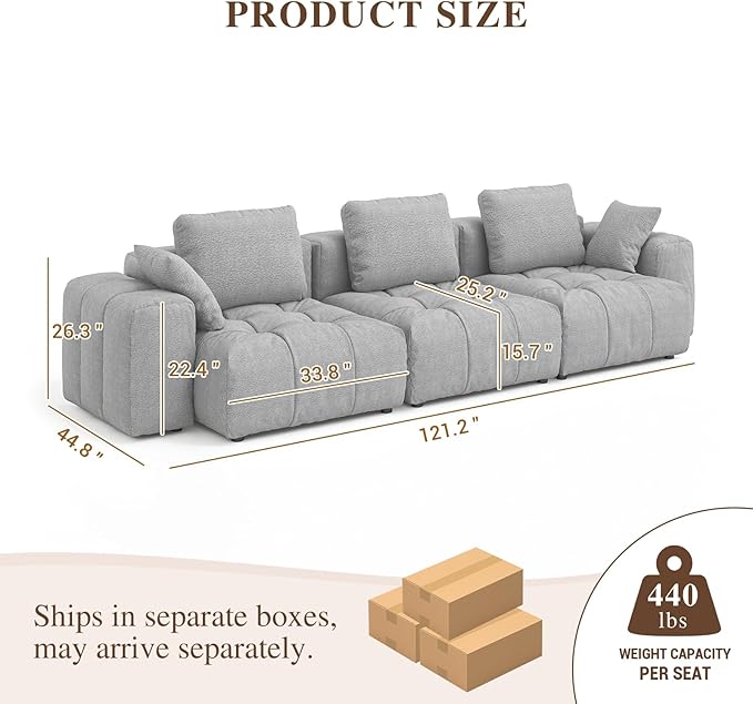 Cloud Sectional Couches, Comfort Linen Oversize Modular Sofas with Wide Deep Seat, Down Filled Modern Upholstered Sofa Couch for Living Room, Apartment,Grey