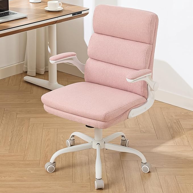 Office Chair Adjustable Desk Chair Mid Back Executive Comfortable Fabric Ergonomic Back Support Home Computer Chair with Padded Flip-up Armrest Swivel Wheels (Pink)