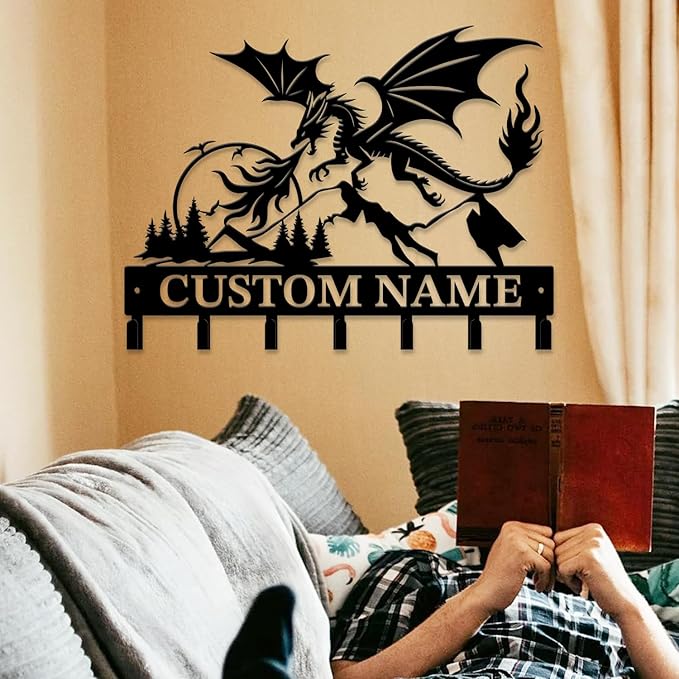 Personalized Evil Dragons Keys Hooks,Custom Name Metal Dragons Art Keys Hooks,Metal Dragons Lover Wall Home Storage Decorative Keys Hooks,Key Holder Hooks for Wall (Style J)