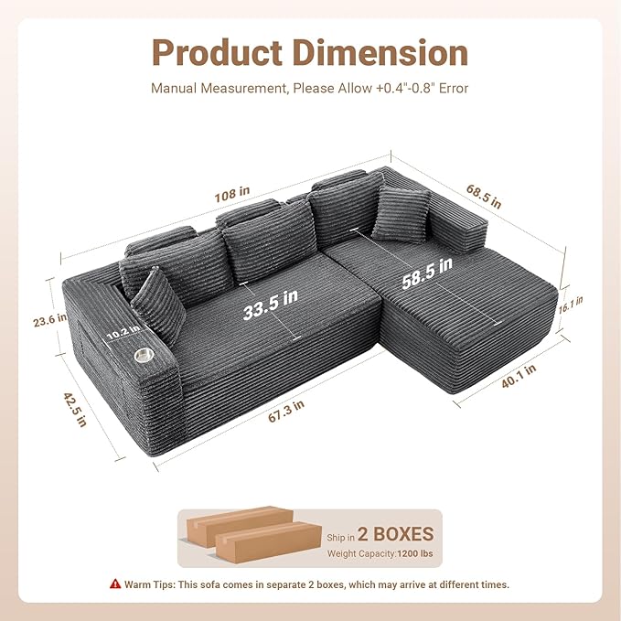 108" Boneless Couch, Cloud Couch Modular Sectional Sofa with Deeper Seat, L-Shaped Sofa with 4 Storage Pockets, Comfy Corduroy Couches for Living Room (Right Facing Chaise, Grey)