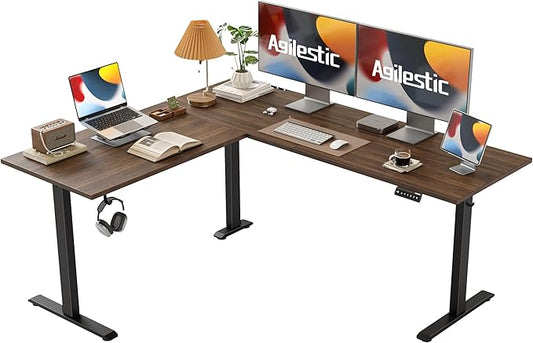 Agilestic L Shaped Standing Desk Adjustable Height, Electric Corner Standing Desk, 63 x 55 inch Sit Stand Computer Table with Splice Board, Dark Walnut