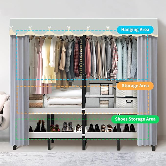 Portable Closet Rack Heavy-Duty Foldable Garment Racks with Cover 1200lbs Enclosed Wardrobe Closet with Independent Area for Hanging Clothes Storaging of Bedding (51in*20in*67in)