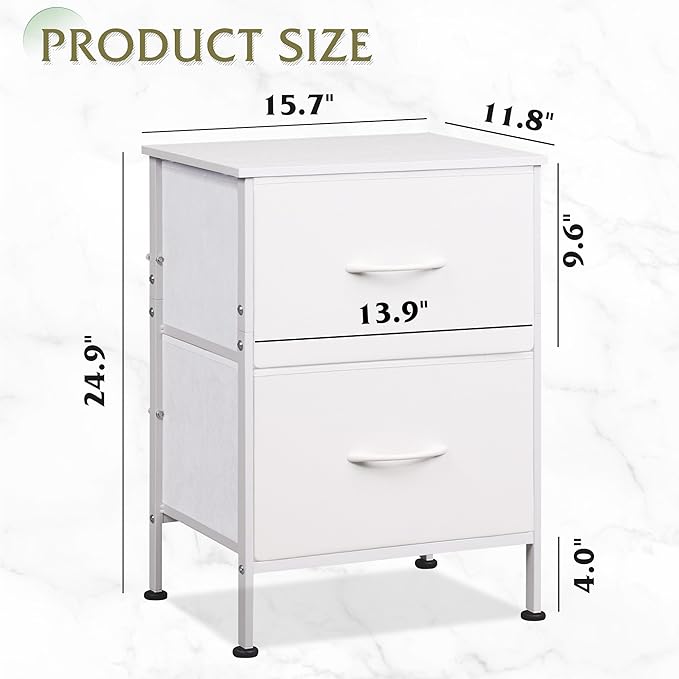 WLIVE White Night Stand, Small Dresser with 2 Drawers & Wooden Top, Nightstand with Fabric Bins, Bedside Table End Table for Bedroom, Closet, Entryway, College Dorm, White