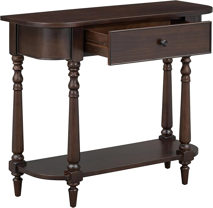 HMFULE Retro Curved Console Table, 36" Solid Wood Half Moon Console Table Sofa Table Entryway Table with 1 Drawer 1 Open Shelf Roman Legs Curved Corners for Living Room,Entryway,Hallway,Espresso