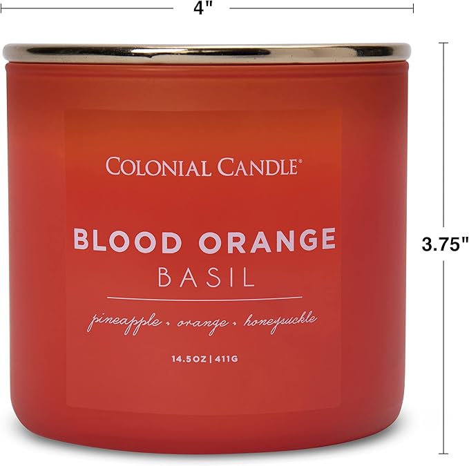 Colonial Candle Blood Orange Basil Scented Jar Candle, Pop of Color Collection, 3 Wick, Orange, 14.5 oz - Up to 60 Hours Burn
