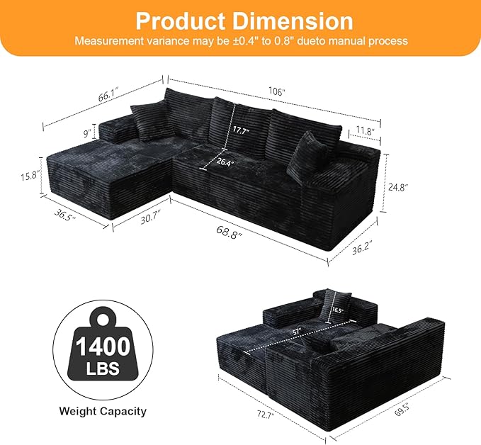 106'' Boneless Couches for Living Room, L Shaped Modular Sectional Sofa with Chaise Lounge, Faux Rabbit Fur & Layered Cushion Deep Seat Cloud Couch, No Assembly (Black, Left Facing Chaise)