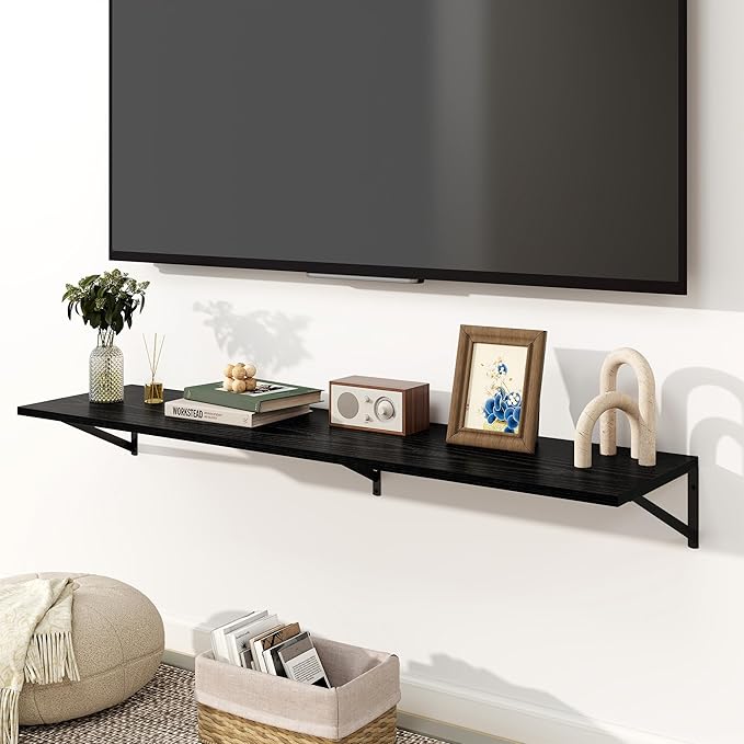 Fun Memories Floating Shelves for Wall, 12 Inch Deep Floating Shelves Set of 2, 55W x 12D Large Wall Shelf with Sturdy Metal Brackets for Living Room, Bathroom, Bedroom and Kitchen, Black