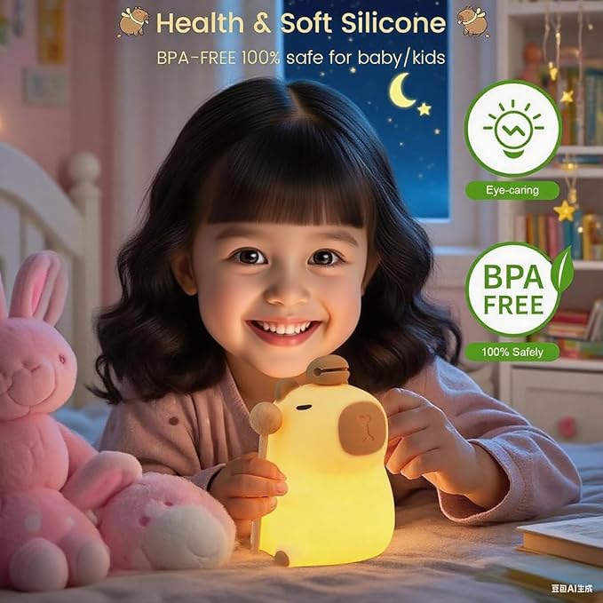 Capibara Night Light for Adults Kids,Cute Silicone Dimmable Animal Nightlight with 7 Colors,Rechargeable Bedside Touch Lamp for Christmas Gifts Toddler Baby Kids Kawaii Room Decor