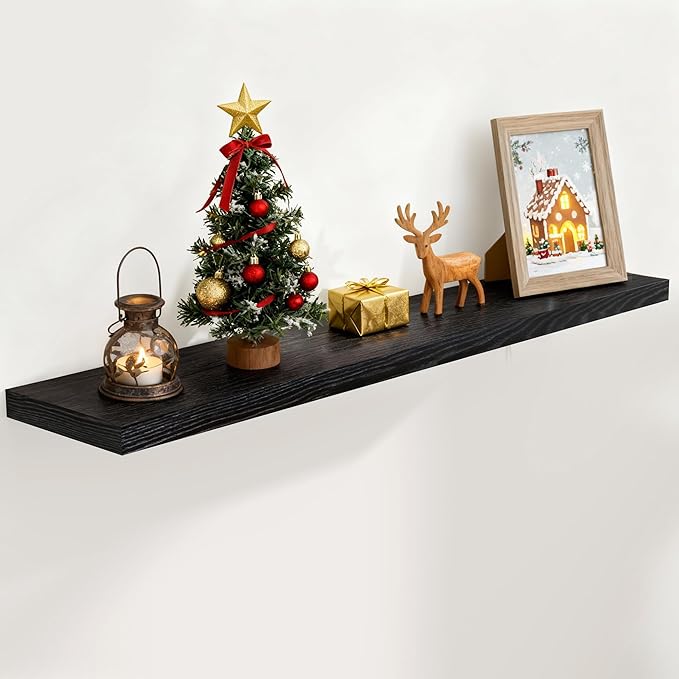 Fun Memories 55 Inch Floating Shelves for Wall, 55x9.3 Large Floating Shelf for Bedroom, Kitchen, Bathroom, Wall Mounted Rustic Wood Shelves with Invisible Bracket for Books, Decor, Black