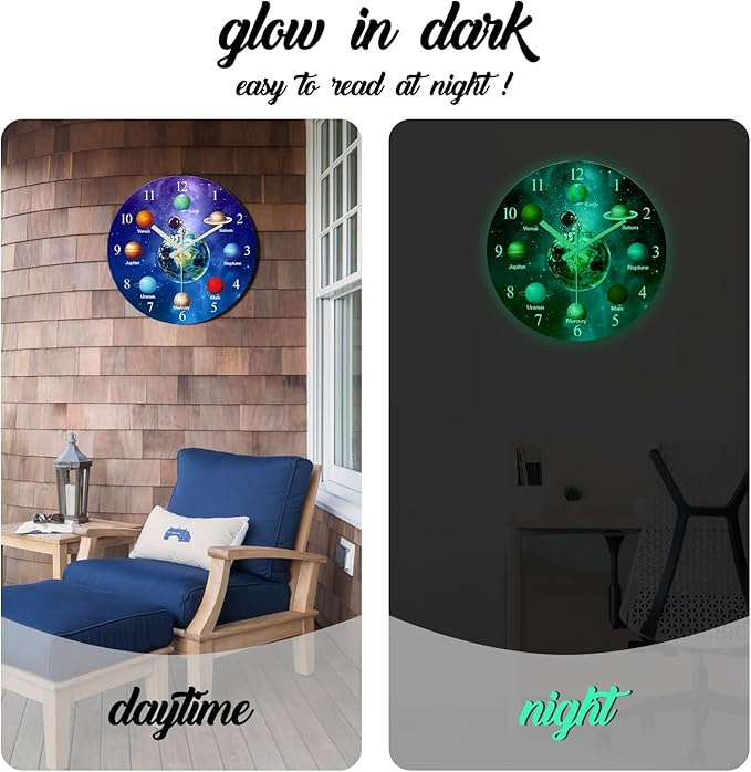 Silent Wall Clock Non Ticking 14 Inch Decorative Wall Clocks Battery Operated Blue Glow in The Dark Clock for Teen Bedroom