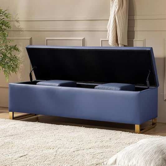 EcoHarbor Living Storage Ottoman Bench with Throw Ottomans, Modern End of Bed Bench, Upholstered Footrest Stool with Gold Legs for Living, Bedroom, Entryway and Hallway(Navy 60inch)