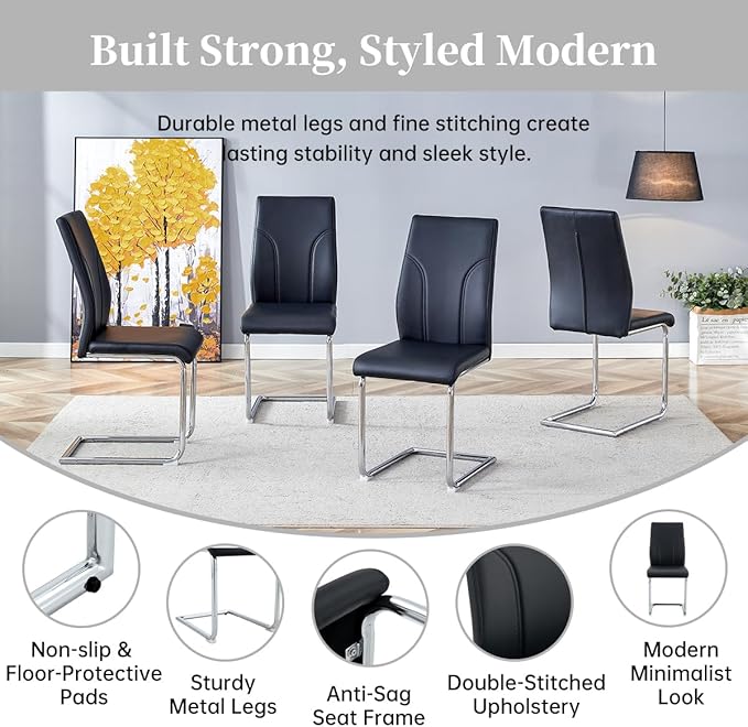 63" Modern Black Dining Table Set for 4 with Chairs, 5 Piece Rectangular Dining Room Table and 4 PU Leather Chairs, Kitchen Dining Set with Matte Wood Finish, Geometric Base, Easy Assembly