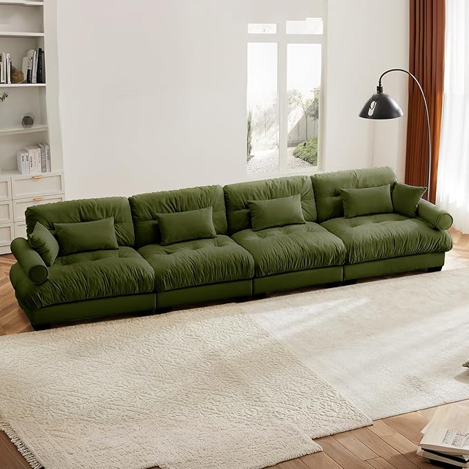 166" Oversized Couch, 4 Seater Modular Sectional Sofa, Olive Large Sectional Couches for Living Room, 4 Seater Velvet Fluffy Cloud Couch Set with 6 Pillows, Deep Seat Sofas for Living Room