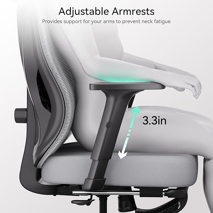 Hbada Office Chair, Desk Chair with Adjustable Lumbar Support and Height, Comfortable Mesh Computer Chair with Footrest 2D Headrest, Swivel Tilt Function Grey