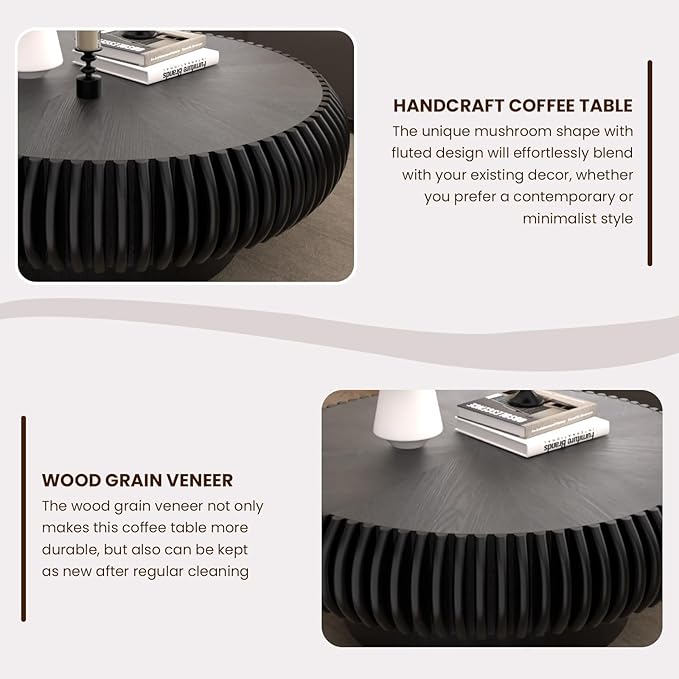 Round Drum Coffee Table for Living Room, Mid Century Modern Coffee Table with Sturdy Pedestal, Farmhouse Fluted Circle Center Table Accent Tea Table for Apartment (Large Black)