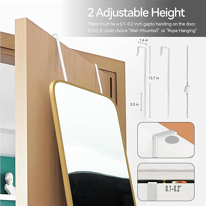 57x20 Door Hanging Full Length Mirror, Floor Stand (Height 5.7ft just Body in1.3ft) Wall Mounted Metal Frame Rectangle Dressing Mirrors for Bedroom Room 57 inch Gold