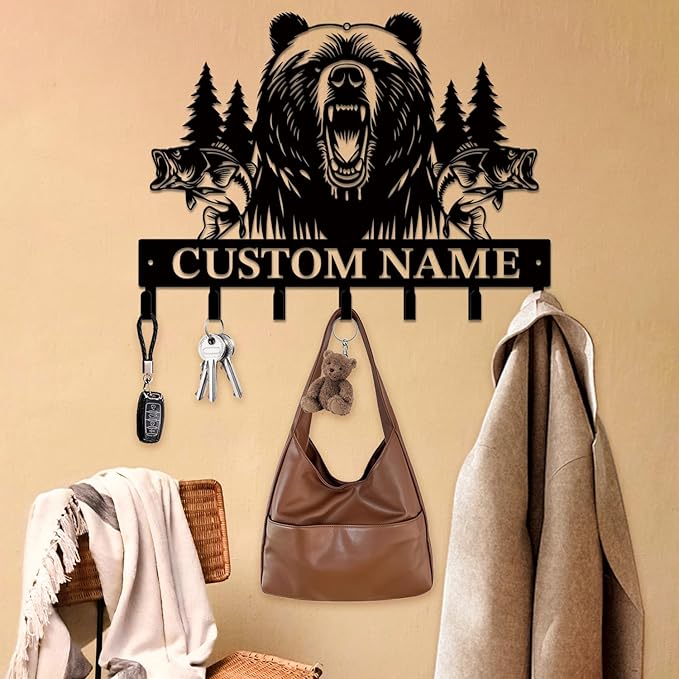Personalized Custom Name Bear Key Wall Hooks,Metal Bear Keys Clothes Hooks,Metal Bear Wall Home Storage Decorative,For Front Door, Hallway, Kitchen, Bedroom,Keys,Hats (Style F)