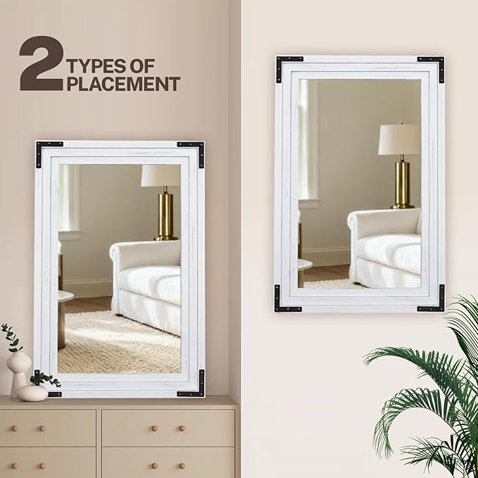 Full Length Mirror 30"x20" Solid Wood Frame Floor Standing Mirror, Hanging or Leaning Wall-Mounted for Living Room, Bedroom, Rustic White
