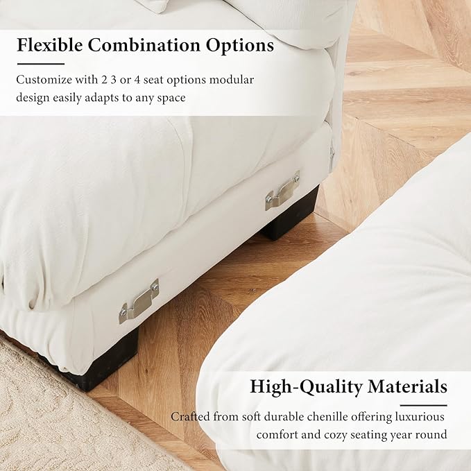 173.2" Oversized Couch, 4 Seater Modular Sectional Sofa, White Large L Shaped Fluffy Couch Set, Chenille Cloud Sofas with Ottoman for Living Room