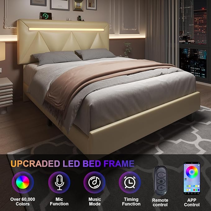Full Size Bed Frame with LED Lights and Charging Station, Faux Leather Linen Fabric Adjustable Headboard,Modern Upholstered Bed, Sturdy Wood Slat Support, Easy Assemble, Beige