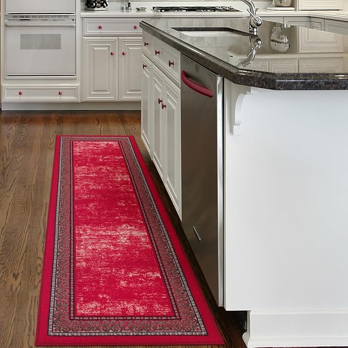 Antep Rugs Alfombras Bordered Modern 2x7 Non-Slip (Non-Skid) Low Pile Rubber Backing Indoor Area Runner Rug (Red, 2' x 7')