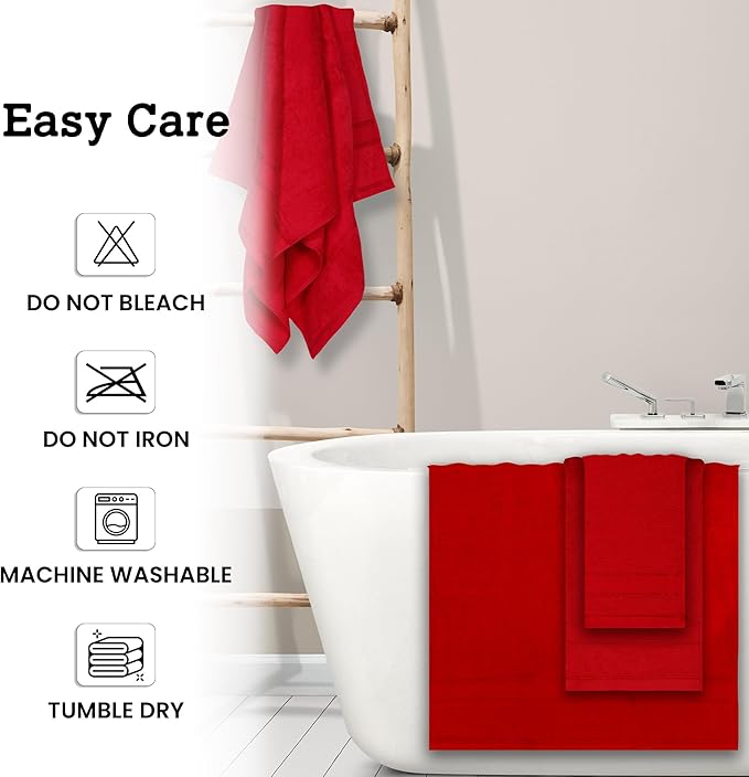 Casa Lino Bath Towel Set of 8 (2 Bath Towels, 4 Wash Cloths & 2 Hand Towels for Bathroom) - 100% Cotton - Highly Absorbent & Quick Dry - Guest Room Essentials for Bathroom Set - (Red)
