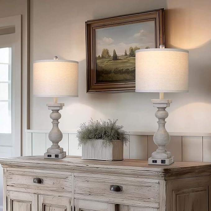 28" Tall Farmhouse Table Lamps Set of 2 with USB C+A Ports and AC Outlet, 3 Way Touch Tall Rustic Bedside Lamps for Living Room, Grey Vintage Lamps for Bedroom